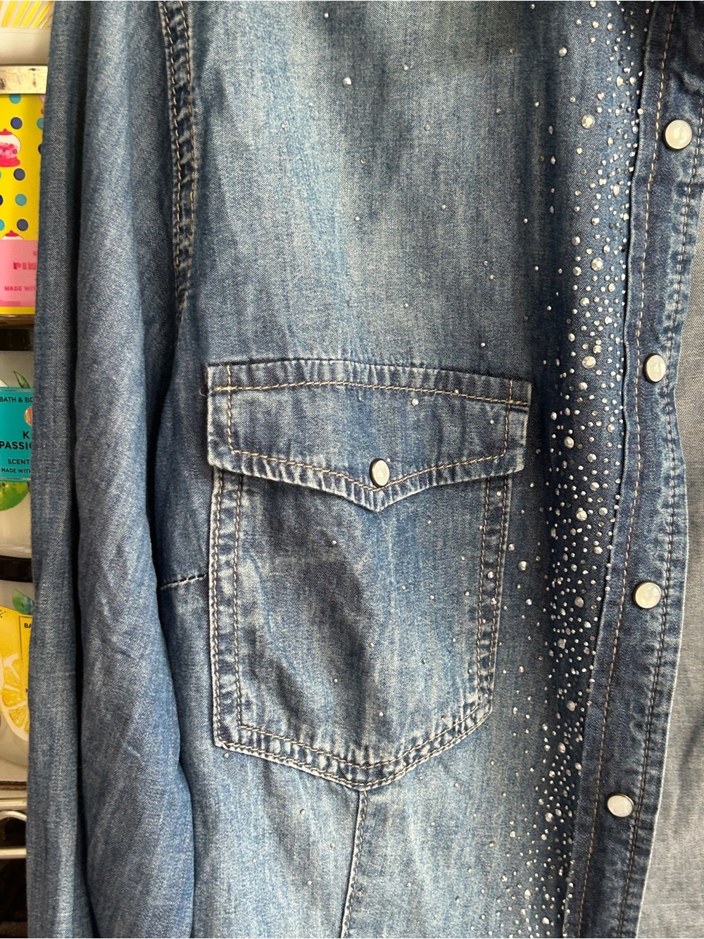 Denim Bling Button down Top - Picture 2 of 10